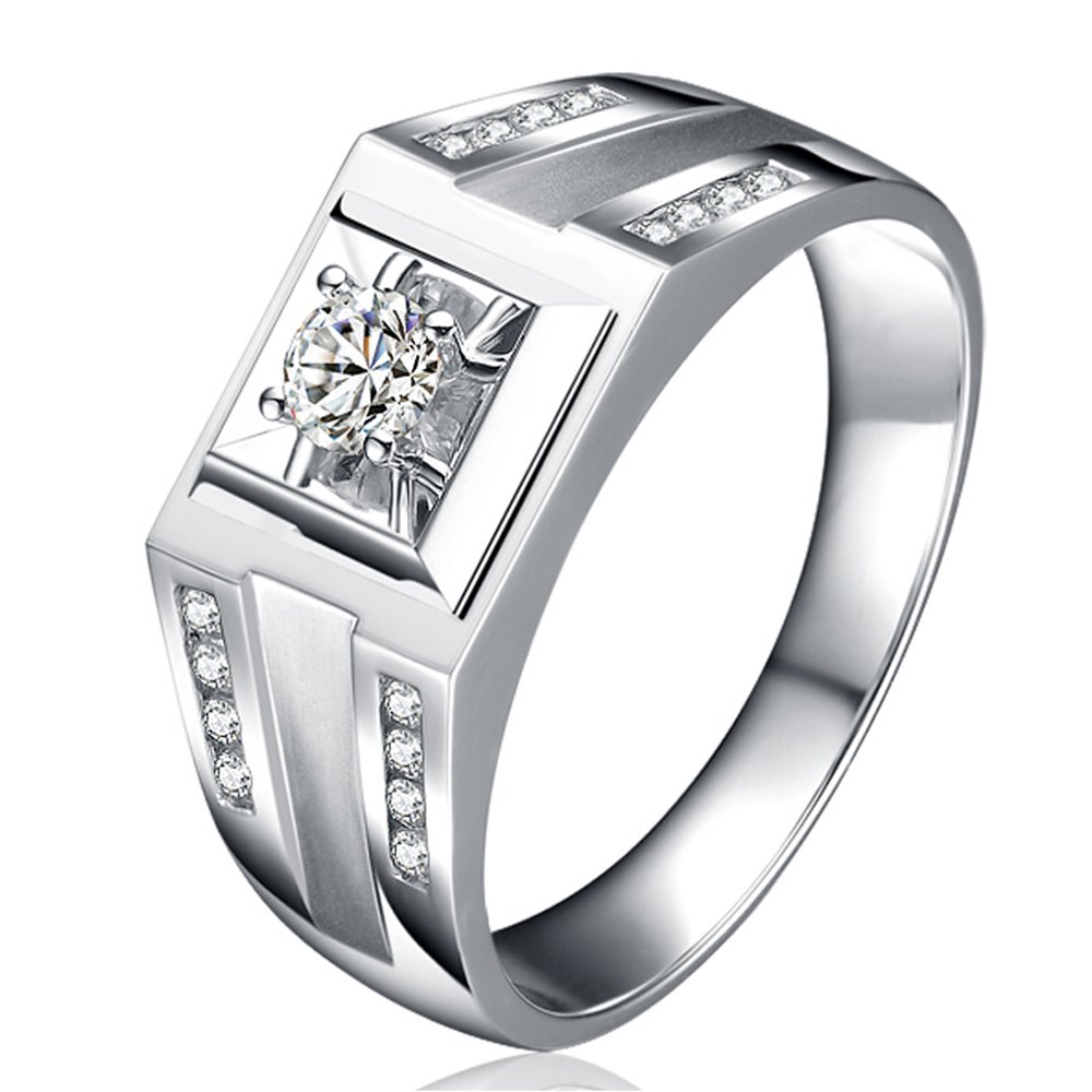 Fashion Men's Real Diamond Bridal 14K White Gold Wedding Engagement Fine Ring