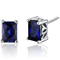 Peora Created Blue Sapphire Sterling Silver Stud Earrings for Women, Scroll Design, 2.50 Carats total Radiant Cut 7x5mm
