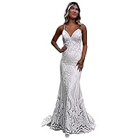 Basgute Sparkly Sequin Mermaid Prom Dresses for Teens 2023 Long Bodycon Glitter Lace Formal Evening Party Gown for Women