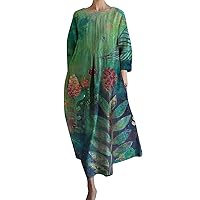 Womens Spring Dresses 2024 Long Sleeve Crewneck Baggy Swing House Dress with Pockets Casual Printed Beach Maxi Sundresses