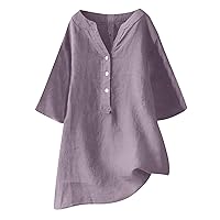 Cotton Linen Shirts for Women Plus Size 3/4 Sleeve Tunic Tops Casual Loose Fit Button V Neck Tees Summer Blouses