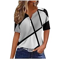 Summer Dressy Henley Shirts Womens Geometric Color Block Tops Casual Buttons V Neck Short Sleeve Pullvoer Blouses