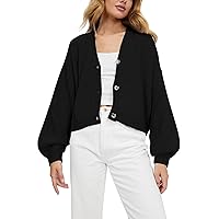 Pink Queen Women's 2023 Fall Button Down V Neck Batwing Long Sleeve Ribbed Knit Cropped Cardigan Sweater Top