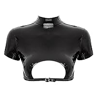 iiniim Women's Shiny Black Leather Wet Look Scoop Neck Stretchy Zipper Metallic Tank Top Cropped Shirt