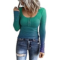 Women's 2023 Fall Long Sleeve Henley T Shirts Button Down Slim Fitted Tops Scoop Neck Ribbed Knit Casual Basic Shirts