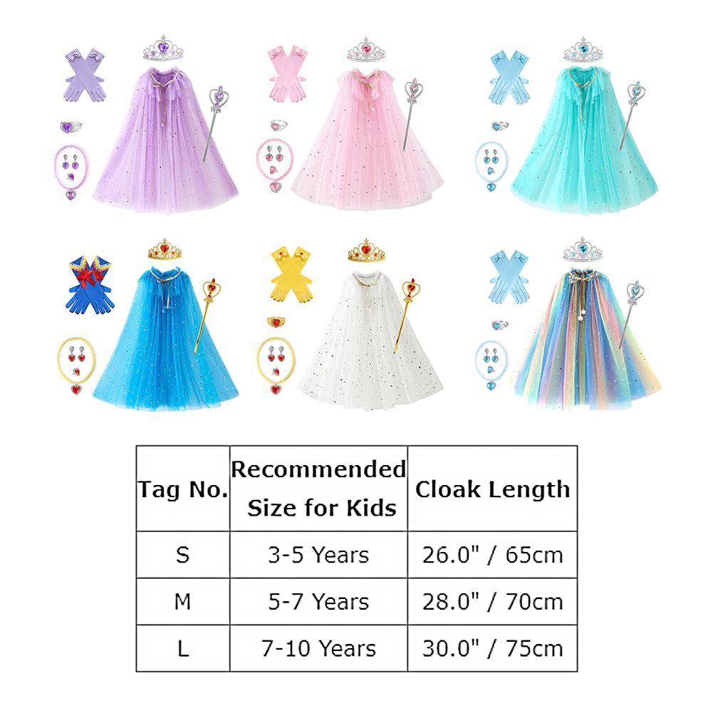 IBTOM CASTLE 8Pcs Princess Cape Costume Dress Up for Girls Crown Wand Jewellery Sequin Tulle Clock Fancy Cosplay Accessories
