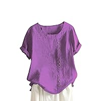 80 S Outfits for Women, Basics Womens Clothing Gym Shirts Women Womens Daily Round Neck Tunic Short Sleeve Blouse Temperament Ladies Tee Vintage Cotton and Print Button Summer (Light Purple,4X-Large)
