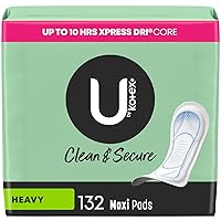 U by Kotex Clean & Secure Maxi Pads, Heavy Absorbency, 132 Count (3 Packs of 44) (Packaging May Vary)