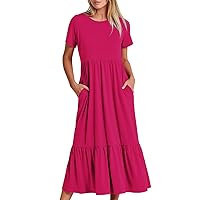 Women Short Sleeve Dress Summer Casual Flowy Tiered Long Dresses with Pockets Crewneck Ruffle Hem A-Line Dress