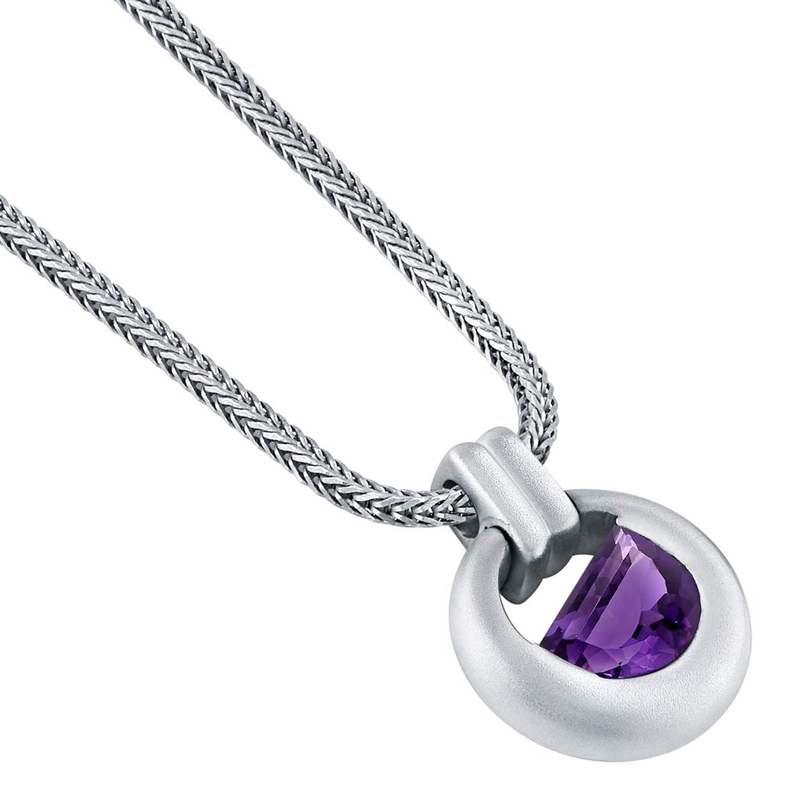 Peora Amethyst Amulet Pendant Necklace for Men in Sterling Silver, 3 Carats Half Moon Shape, Brushed Finished, with 22-Inch Italian Chain