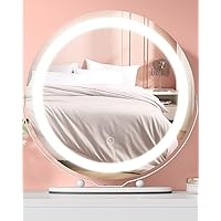 Vanity Mirror, 19 Inch Vanity Mirror with Led Lights, Smart Touch Control 3 Colors Dimmable Makeup Mirror with Lights, 360°Rotation Round White Vanity Mirror, Tabletop and Desk Mirror