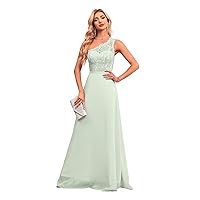 One Shoulder Bridesmaid Dresses with Pockets Long Lace Bodice A-Line Chiffon Formal Party Gown