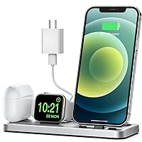 CEREECOO Portable 3 in 1 Charging Station for Apple Products Foldable Charger Stand for iWatch 8/7/6/SE/5/4/3/2/1 Charging Stand for iPhone AirPods Pro/3/2/1 (with 12W Adapter)-Silver