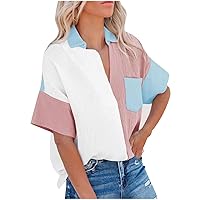 Women Button Down Back Fashion Color Block T-Shirts Summer Short Sleeve Lapel Blouses Casual Loose Cotton Tunic Tops