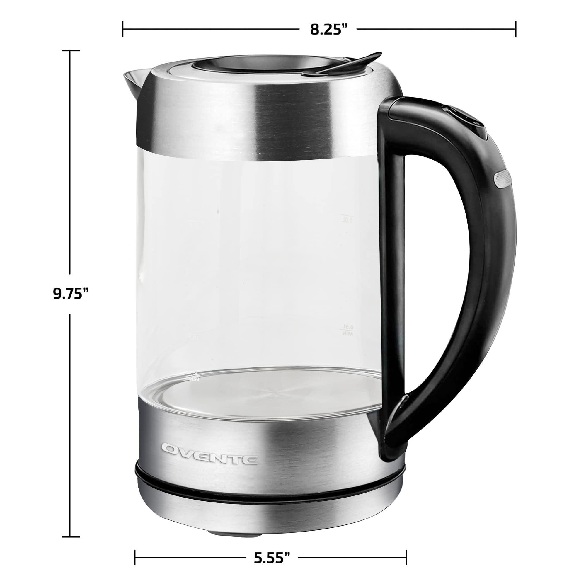 OVENTE Glass Electric Kettle Hot Water Boiler 1.7 Liter ProntoFill Tech w/ Stainless Steel Filter - 1500W BPA Free Cordless Instant Water Heater Kettle for Coffee & Tea Maker - Silver KG612S