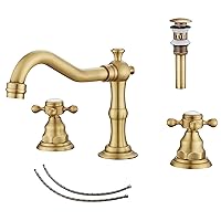 GGStudy 2 Handles 3 Holes Faucet Widespread Bathroom Sink Faucet Antique Brass Basin Tap Mixer Supply Hose Included Matching Metal Pop Up Drain