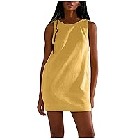 Cotton Linen Dresses for Womens Summer Plain Sleeveless T Shirt Dress Crew Neck Mini Tank Dress Casual Backless Sundress(,)