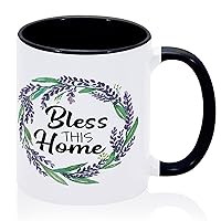 Bless This Home Mug 11oz Seasonal Wreaths Round Funny Ceramic Tea Cup Gifts for Grandmother Ceramic Black