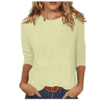 Womens 3/4 Length Sleeve Tops 2024, Casual Shirts Crew Neck Loose-Fitting Blouses Summer Solid Color Shirt