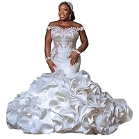 Plus Size Sequins Sweetheart Neckline Lace up Corset Bridal Ball Gowns Ruffles Train Mermaid Wedding Dresses for Bride