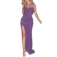 Women's Sequins Prom Dresses Long Mermaid Gowns Strapless with Split Evening Gowns