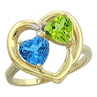 10K Yellow Gold Heart Ring 6mm Natural Swiss Blue Topaz & Peridot Diamond Accent, sizes 5-10