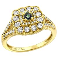 14k Yellow Gold Genuine Diamond & Color Gem Halo Engagement Ring Round Brilliant cut 3mm, size 5-10