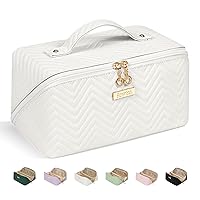 SOVICO Travel Makeup Bag with 180° Flat Open Design, Large Cosmetic Bag for Women, Waterproof PU Leather Makeup Bag Organizer for Travel & Daily Use-White
