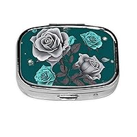 Teal Grey Rose Print Pill Box 2 Compartment Small Pill Case with Mirror Pill Organizer Portable Medicine Pillbox for Travel Pocket Purse