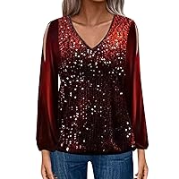 Plus Size Tunic Tops for Women,Trendy Sexy Cold Shoulder V-Neck Glitter Tops Casual Long Sleeve Maternity Blouse