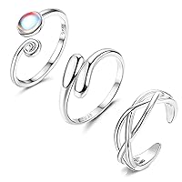 FIBO STEEL 3 PCS Toe Rings for Women 925 Sterling Silver Adjustable Toe Rings Open Cuff Toe Rings CZ Daisy Moonstone Ring Band Rings Beach Foot Jewelry Set