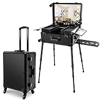 Aluminum Trolley Makeup Train Case with LED Light Professional Cosmetic 21'' Make up Cosmetic Organizer Studio with Speaker Stand Rolling Lighted Makeup Vanity Station 3 Shades of Light (Black)