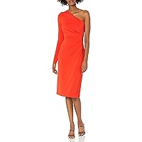 HALSTON Women's One Sleeve Stretch Jersey Knee Length Cocktail Dress with Pleated Tuck Detail at Waist