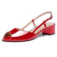 WAYDERNS Women's Slingback Patent Ankle Strap Peep Toe Chunky Low Heel Pumps Shoes 1.5 Inch