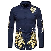 Stylish Gold Flower Print Black Shirt Men Spring Slim Fit Long Sleeve Mens Dress Shirts Party Casual Male Social Shirt