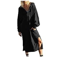 Fall Dresses for Women 2023 Summer Long Sleeve Midi Dress with Hood Sexy V Neck Slit Trendy Flowy Casual Dress