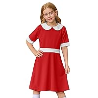 BesserBay Christmas Girls Peter Pan Collar Dress Short Sleeve Red Costume 2-12 Years