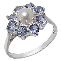 Solid 10k White Gold Cultured Pearl & Tanzanite Womens Cluster Ring - Sizes 4 to 12 Available