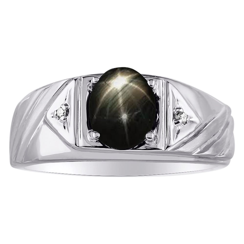 Rylos Mens Rings 14K White Gold - Black Star Sapphire & Diamond Ring 8X6MM Color Stone Gemstone Rings For Men Mens Jewelry Gold Rings