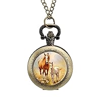 Horse Mare and Little Foal Vintage Alloy Pocket Watch with Chain Arabic Numerals Scale Gifts for Men Women