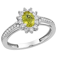 PIERA 14K White Gold Natural Lemon Quartz Flower Halo Ring Oval 6x4mm Diamond Accents, sizes 5-10