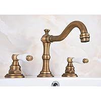 Antique Brass Dual White Ceramic Levers Handles Widespread 3 Hole Install Bathroom Sink Basin Faucet Mixer Taps
