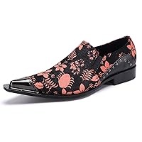 Mens Casual Loafers Velvet Rivet Leather Floral Graphic Print Pointed Tip Smoking Slippers Travel Party Dress Shoes