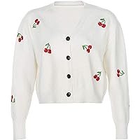 Women Cute Cherries Embroidery Cropped Knit Sweater Coat Cardigans Long Sleeve V-Neck Button Down Sweater Top