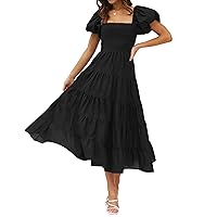 ZESICA Women's 2024 Summer Square Neck Short Puff Sleeve Solid Color High Waist Casual Smocked Flowy A Line Tiered Midi Dress