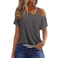 Oversized Tshirts for Women,Off The Shoulder Tops for Women Short Sleeve One Shoulder Shirts Criss-Cross Solid Color Gradient Print Sexy Blouse Short Sleeve Cold Shoulder Tops