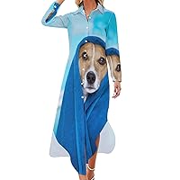 Jack Russell Dog in The Bathtub Shirt Dresses for Women Elegant Button Down Front Long Sleeve Maxi Dress