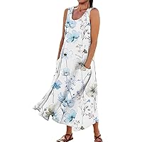 Summer Dresses for Women 2024,Women Boho Casual Fashion Sleeveless Round Neck Beach Floral Print Sundress