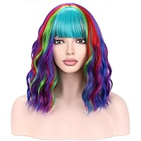 Rainbow Wig Short Curly Wavy Wig Rainbow Wigs with Bangs Rainbow Wigs for Women Colored Wigs for Cosplay Costume Party with Wig Cap