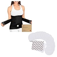 KeaBabies 3 in 1 Postpartum Belly Support Recovery Wrap and Reusable Nursing Pads Bundle - Pregnancy Belly Support Band (Midnight Black, One Size) - 4-Layers Viscose Bamboo Nursing Pads (Soft White, L